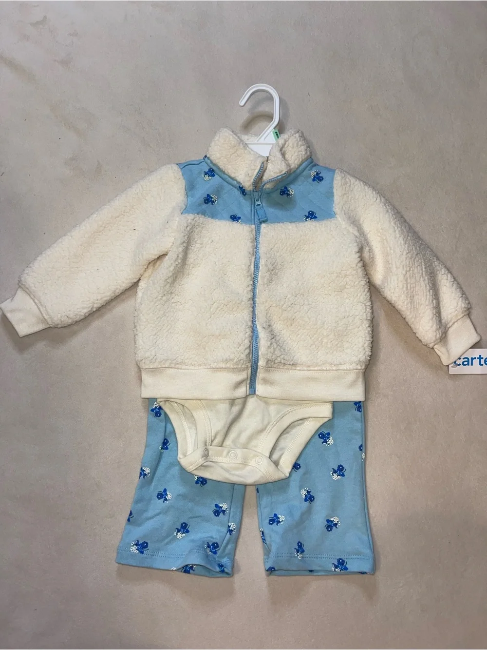 Carter's Cream and Light Blue Sherpa Jacket‎ & Floral Pant Set